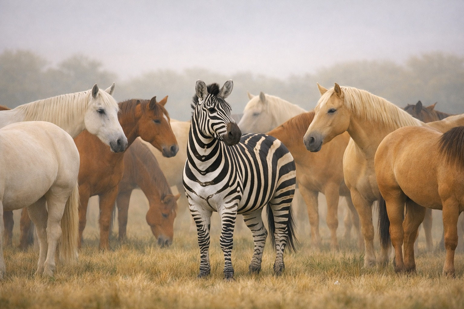 A zebra standing calmly among a herd of horses in a misty field